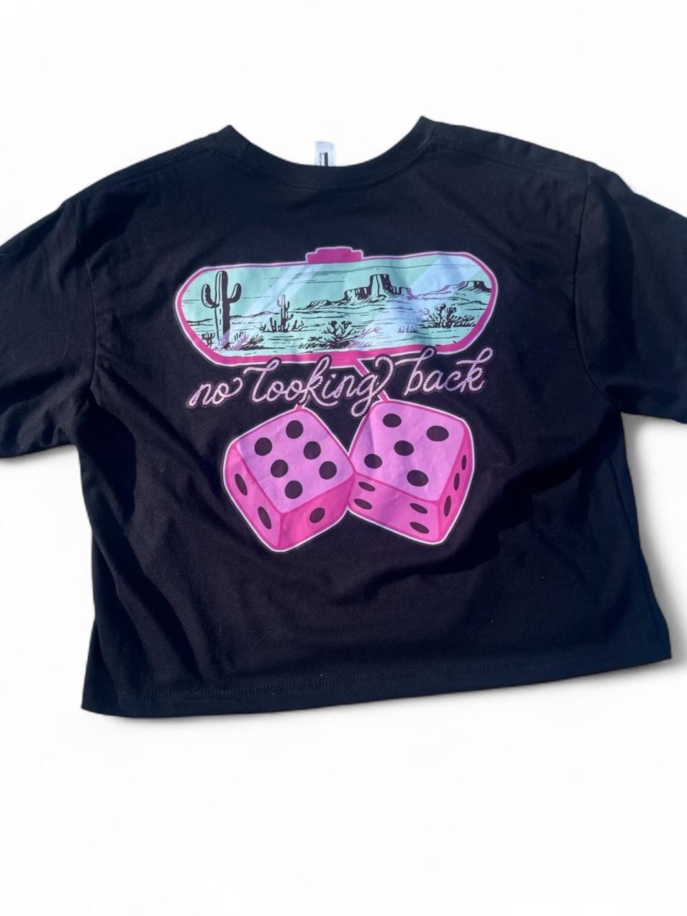Black Crop Top with Pink Dice and Teal Desert Graphic
